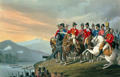 Der Herzog von Wellington und sein Stab überqueren die Bidassoa und betreten Frankreich, 1813, graviert von Matthew Dubourg aus Historische, Militärische und Marine-Anekdoten, veröffentlicht von Edward Orme von Hyacinthe Francois Rigaud